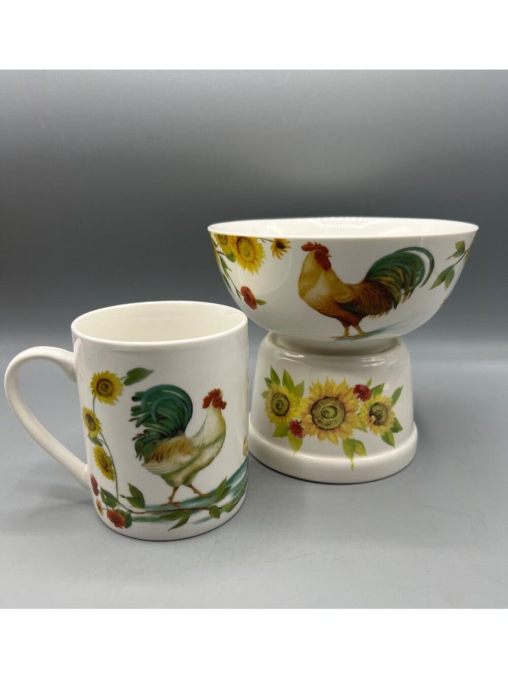 Pfaltzgraff Rooster Meadow 3 Piece Set Mug & Bowls – Farmhouse Rooster Sunflower